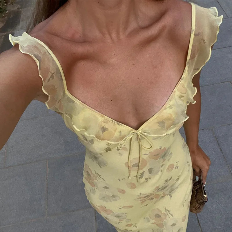 Kryptografischer Sommer Blumenmuster Plunge Maxikleid Outfits Sexy rückenfreie Feen Sonnenkleider Urlaub Strandmode Vestido Coquette
