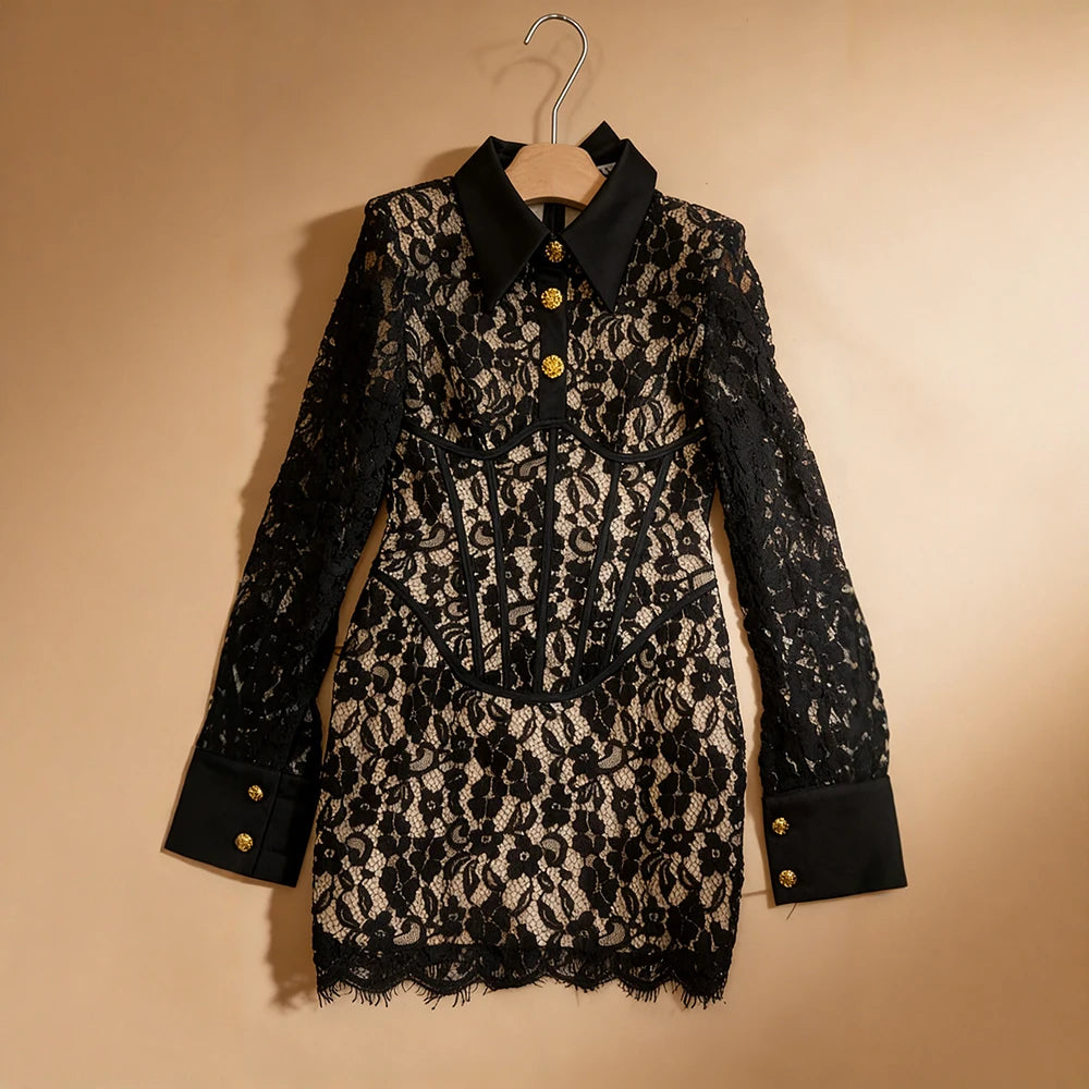 VGH Retro Lace Mini Shirt Dress for Women