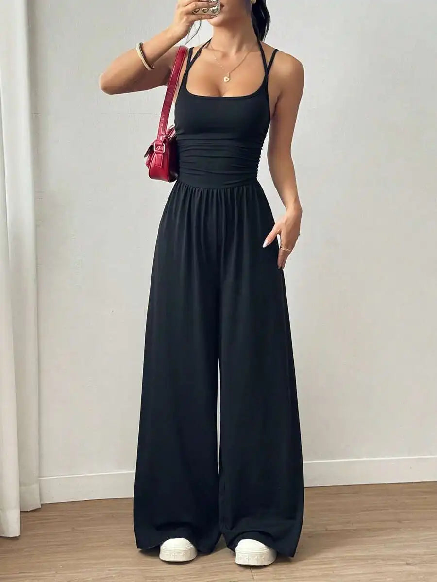 Damen Sommer Schwarz Lässig Plissiert Locker Weites Bein Overall, Verstellbares Neckholder-Band