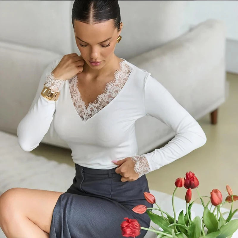Tornova V neck Lace T shirt Top