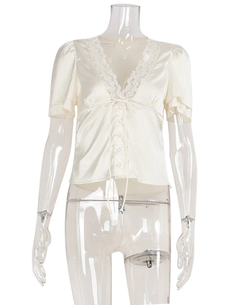 Ahagaga Causal Women Tops Solid Lace