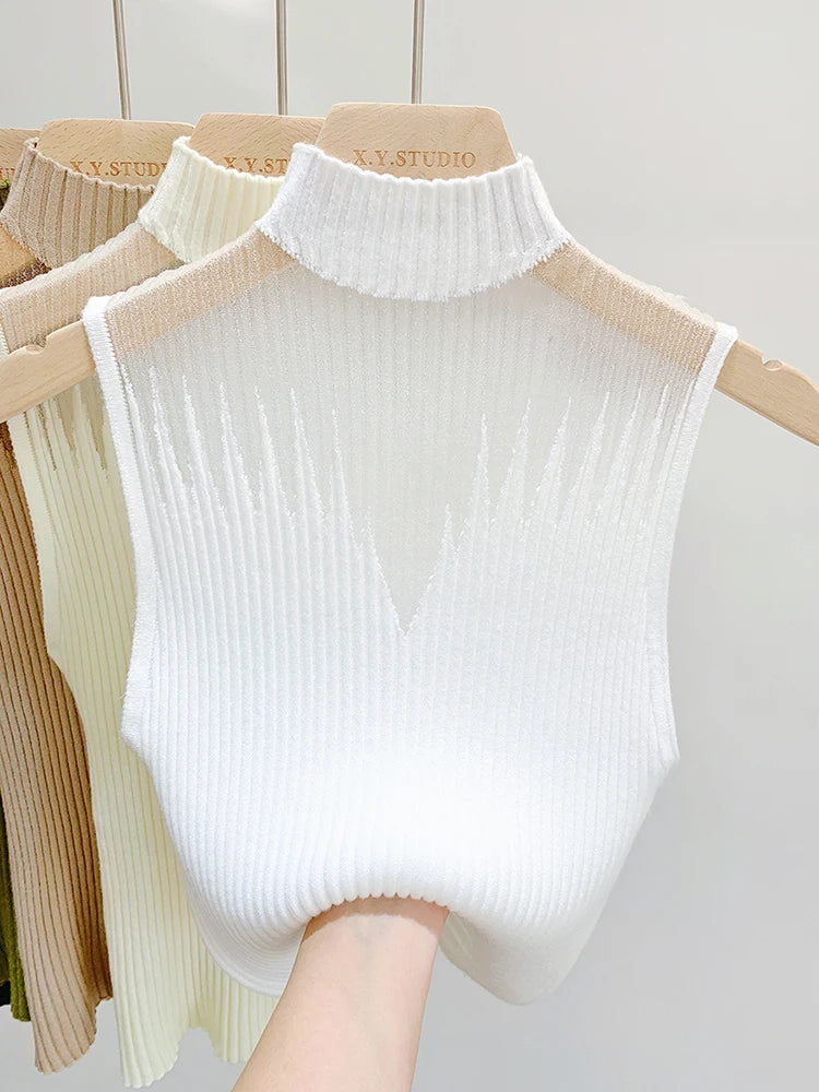 Mesh Strickoberteil Damen Y2K Tank Top Halbkragen Weste Ärmelloser Pullover Chic Cut Out Streetwear Solides Enges Tube Top