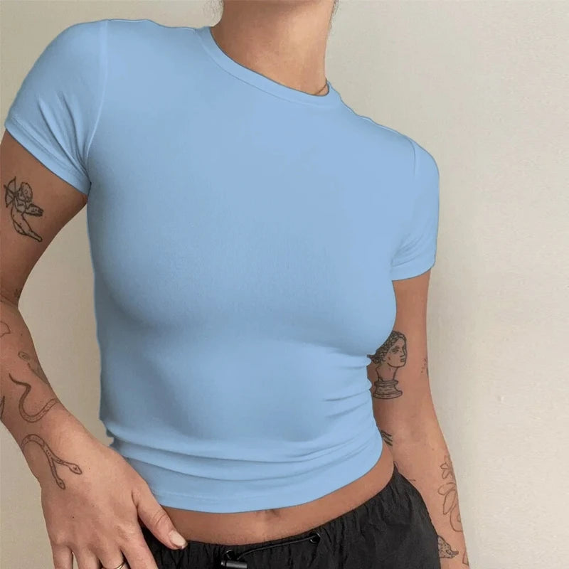 Damenbekleidung Kurzarm T-Shirt Eng Anliegende Oberteile Damen O-Ausschnitt Gestricktes Etui-T-Shirt Streetwear Sex Sportlich 2024 Y2K Neu2410