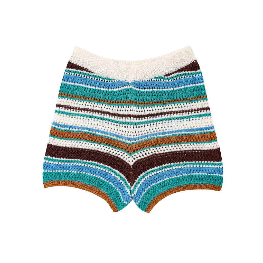 Patchwork Striped Sweater Knit Shorts Suit