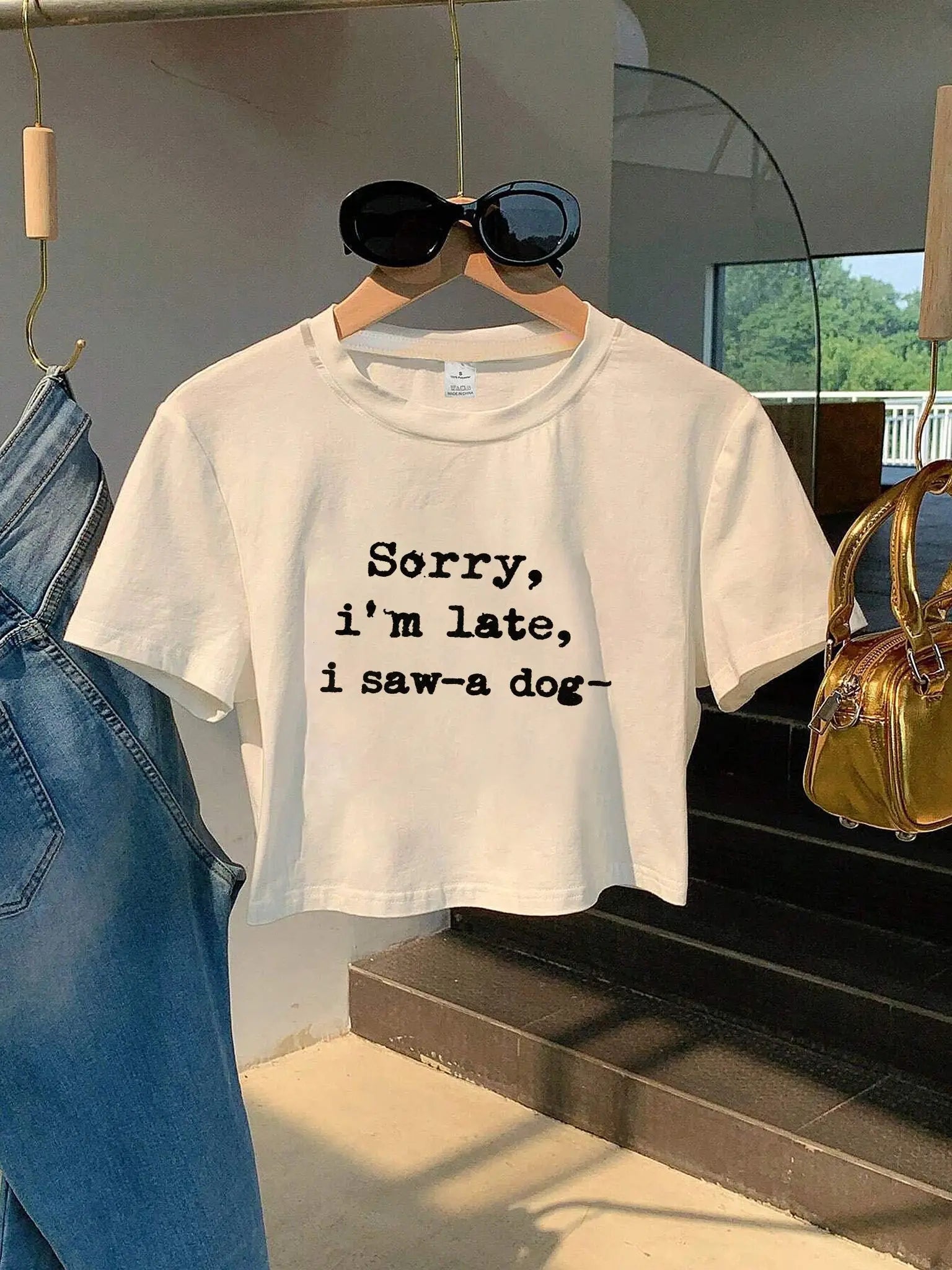 Sorry I'm Late I Saw A Dog White Cropped Top