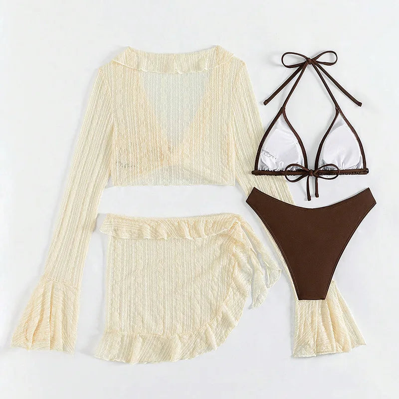 2026 Sexy vierteiliger Damen-Badeanzug Langarm-Vertuschung Bademode Sommer Unifarbenes Bikini-Set Brasilianische Strandmode Party-Badeanzug