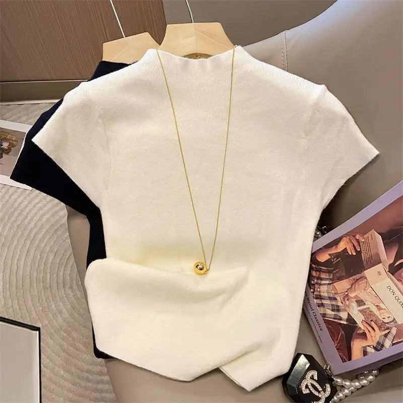 Basic Rollkragenpullover Einfarbig Dünn Sommer 2026 Pullover Damen Female Gestrickter Pullover Slim Kurzarm Bodycon Pullover
