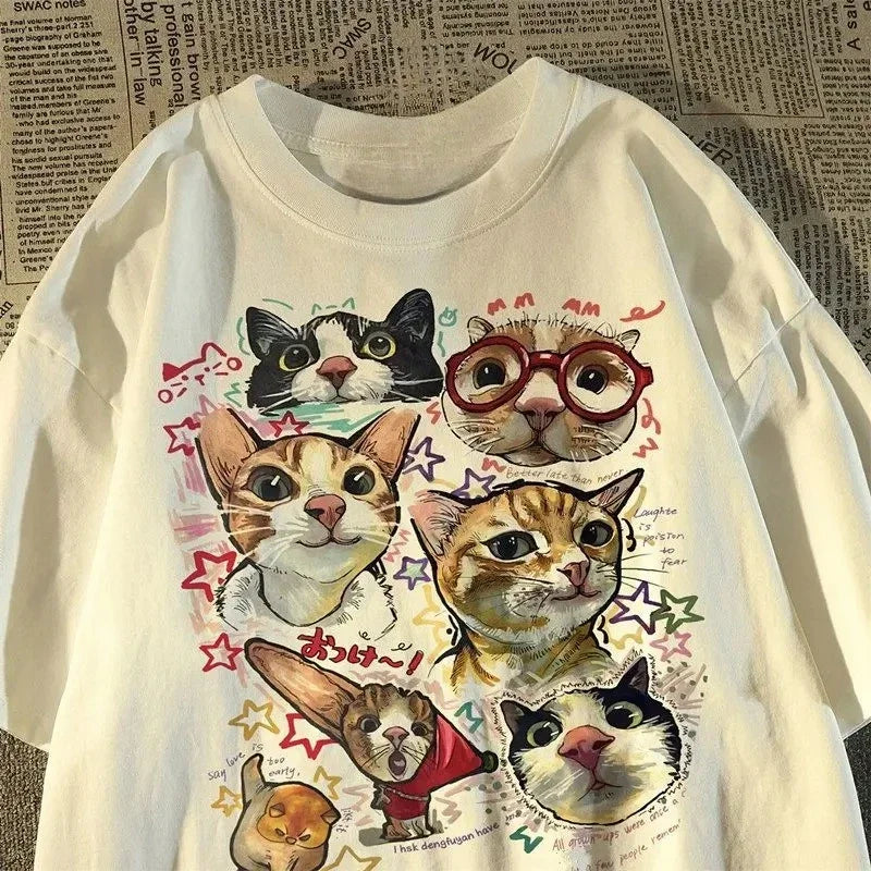 American Retro Fun Cartoon Cat Print T-shirt