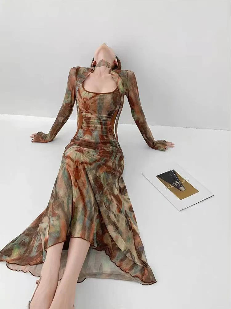 Vintage Tie Dye Print Mesh Dress