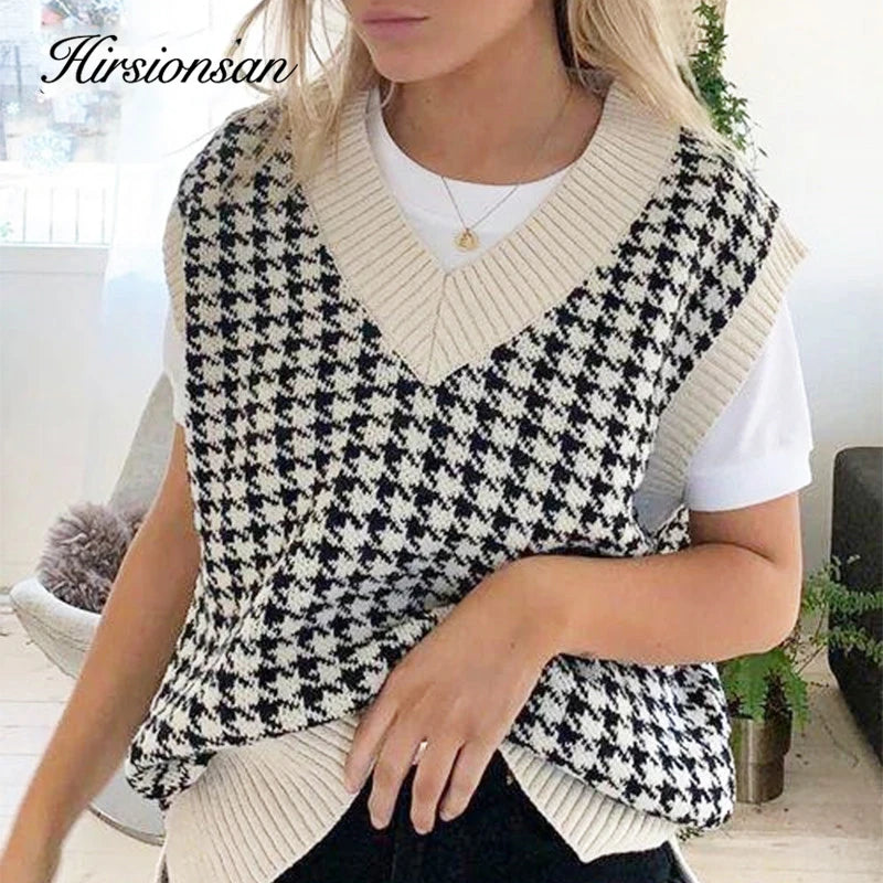 Hirsionsan V Neck Knitted Sweater Vest Women