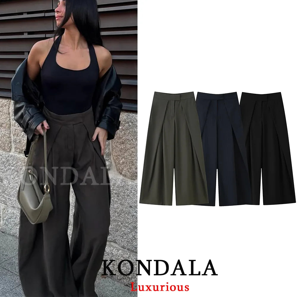 KONDALA Lässige elegante weite Hose Damen Bürohose mit Taschen Plissierte lange Hose Mode Frühjahr/Sommer 2026 Streetwear-Hose