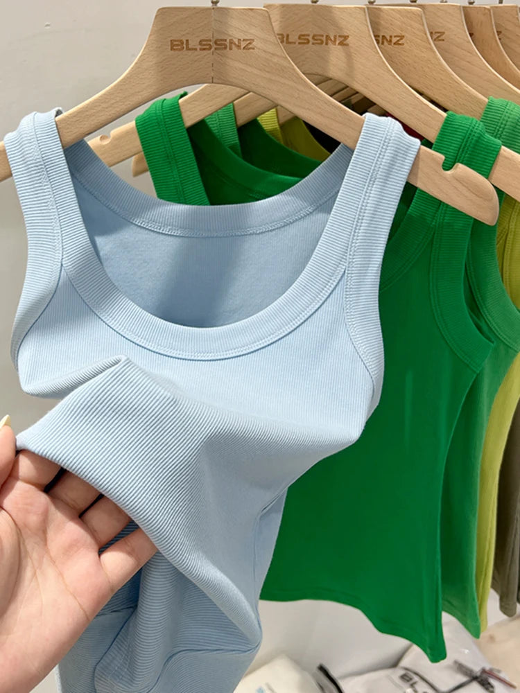zjaiss Damen Einfarbig Rundhals Geripptes Tanktop Camisole Damen 2026 Sommer Basic Elastisches Tanktop O-Ausschnitt Einfarbiges Tanktop