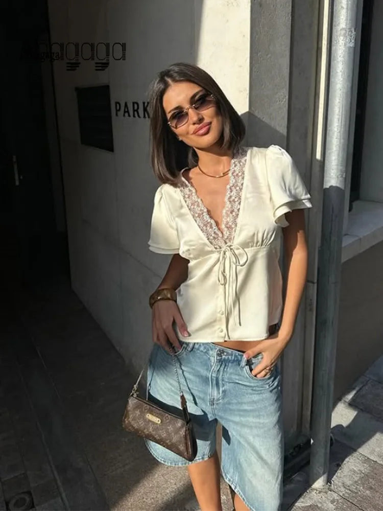 Ahagaga Causal Women Tops Solid Lace