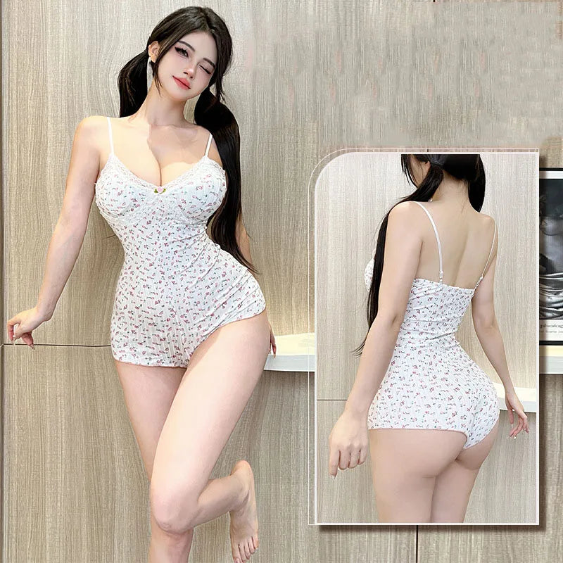 Floral Print Bodysuit Lace Trim