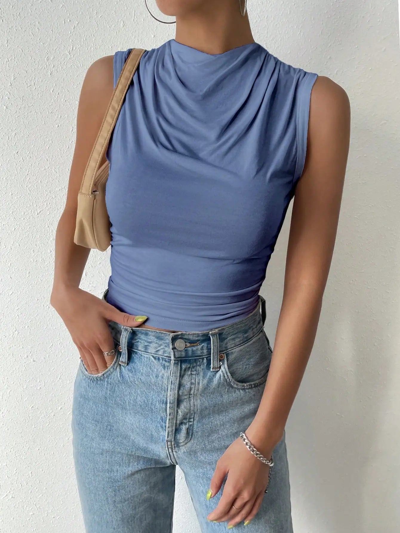 Women's Casual Half High Neck Sleeveless T-Shirt Top