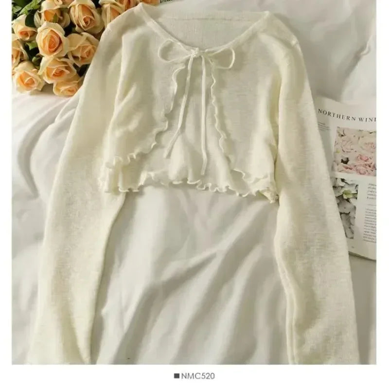 Sommer Damen Dünne Sonnencreme Strickjacke Schnürung Strickwaren Tops Weiblich Koreanischer Stil Laternenärmel Kurzer Mantel Lässig Sonnenfeste