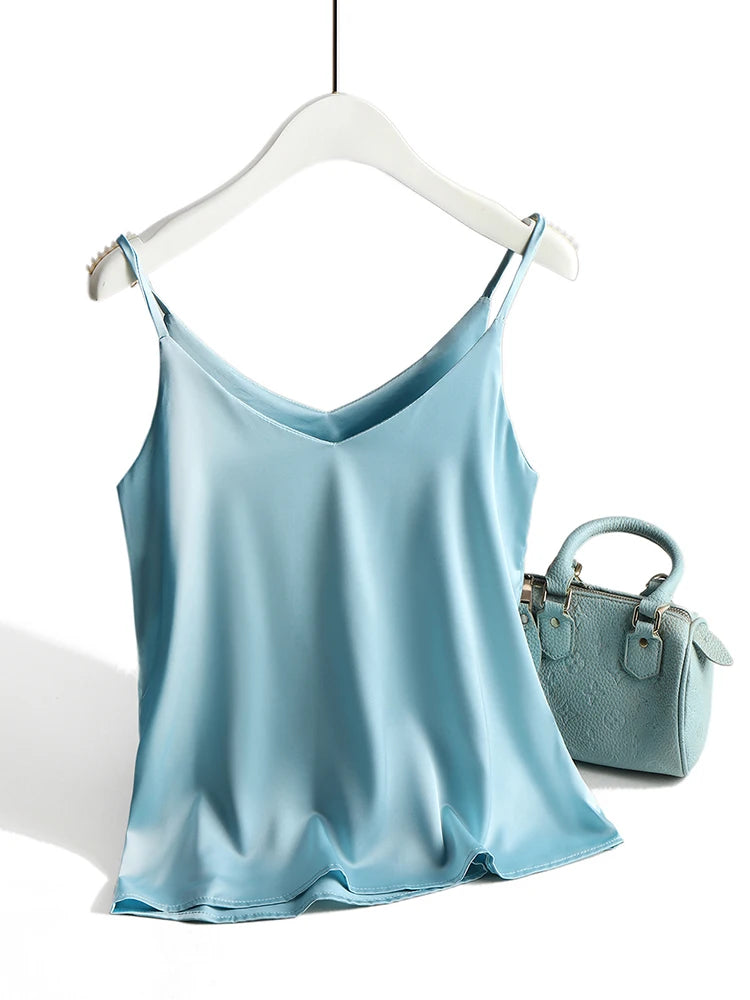 V Neck Basic Satin Silk Tank Tops