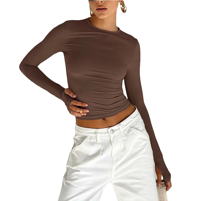 T-shirt Long Sleeve Crew Neck Solid Slim Fit Crop Top