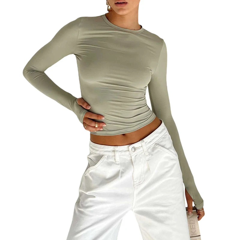 T-shirt Long Sleeve Crew Neck Solid Slim Fit Crop Top