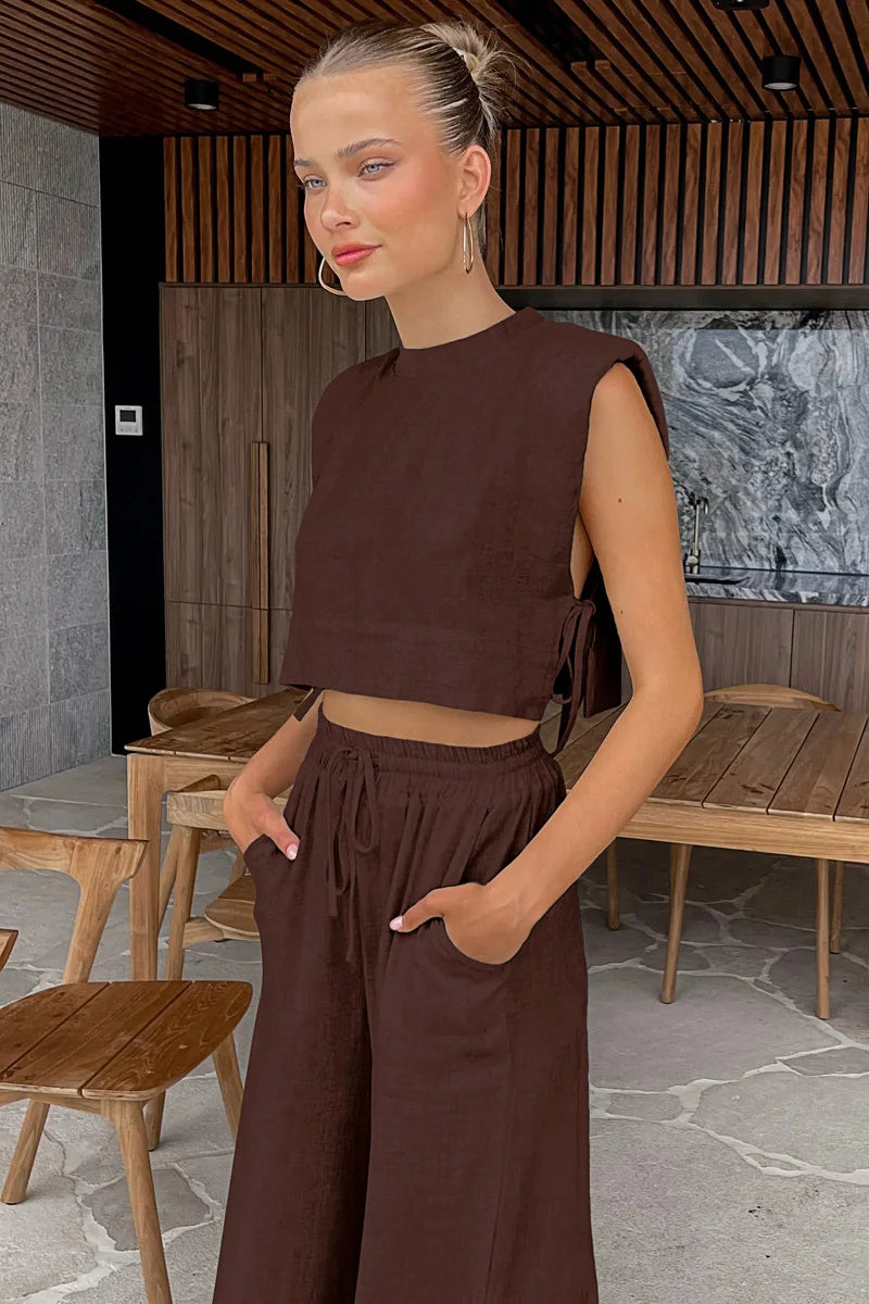 Holiday Linen Pant Set Crop Tops Solid Outfits