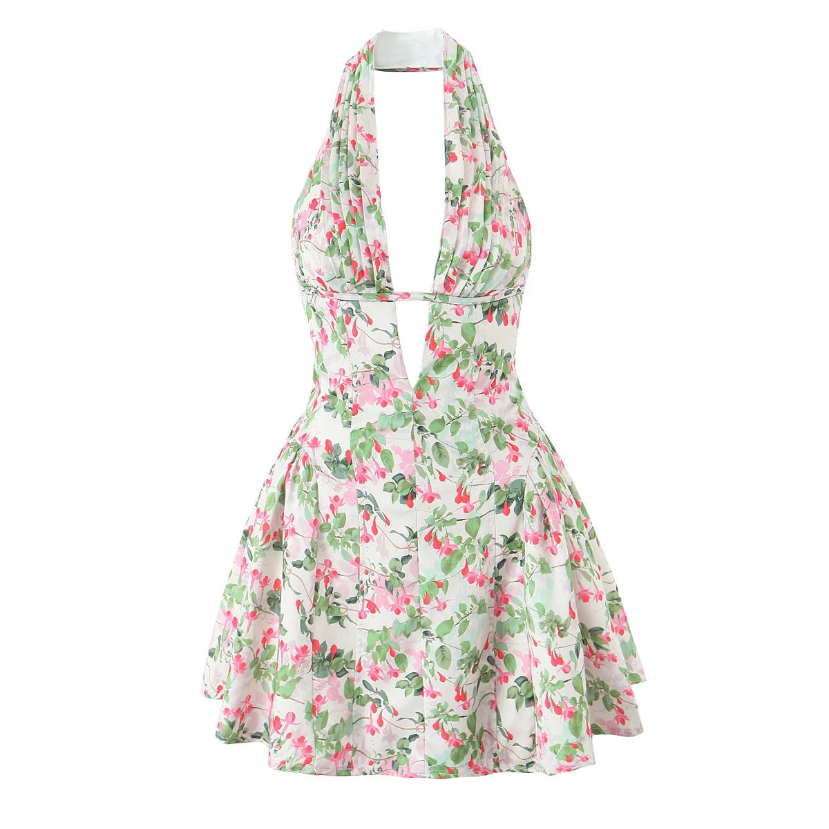 French Style Retro Polka Dot Deep V Halter Dress