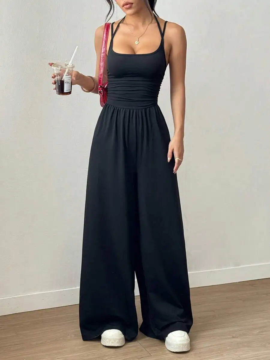 Damen Sommer Schwarz Lässig Plissiert Locker Weites Bein Overall, Verstellbares Neckholder-Band