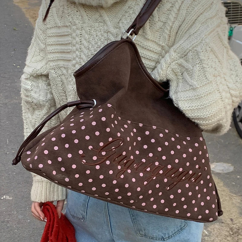 Brand Women's Shoulder Bag Y2k Fashion Sweet Polka Dot Handbag Korean Casual Versatile Leopard Print Brown Frosted Tote Bags