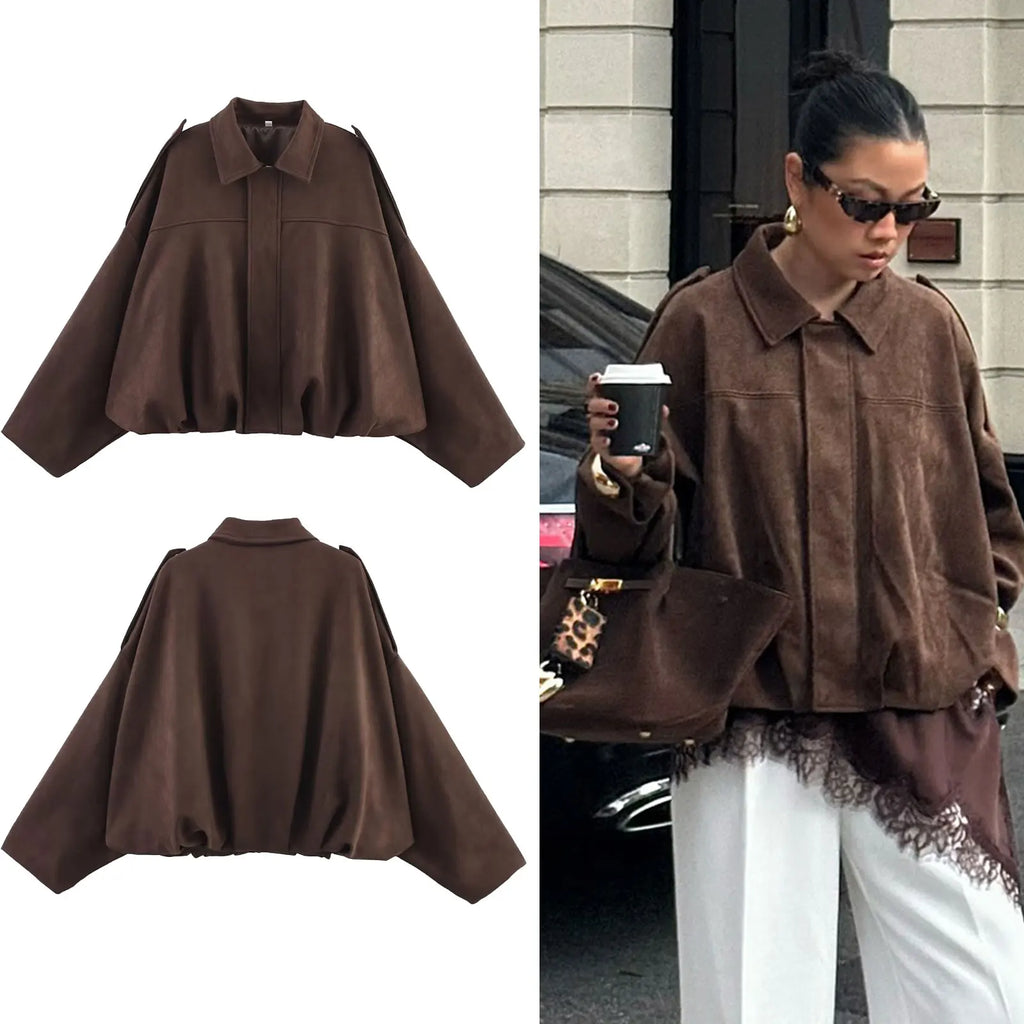 HH Damen Street Fashion Einfarbig Locker Veloursleder Textur Mäntel Lässig Lange Fledermausärmel Revers Reißverschluss Winter Vintage Jacken