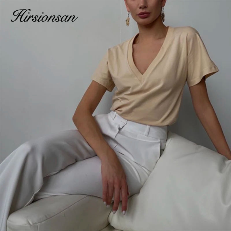 Hirsionsan Summer V Neck Soft Tees Tops