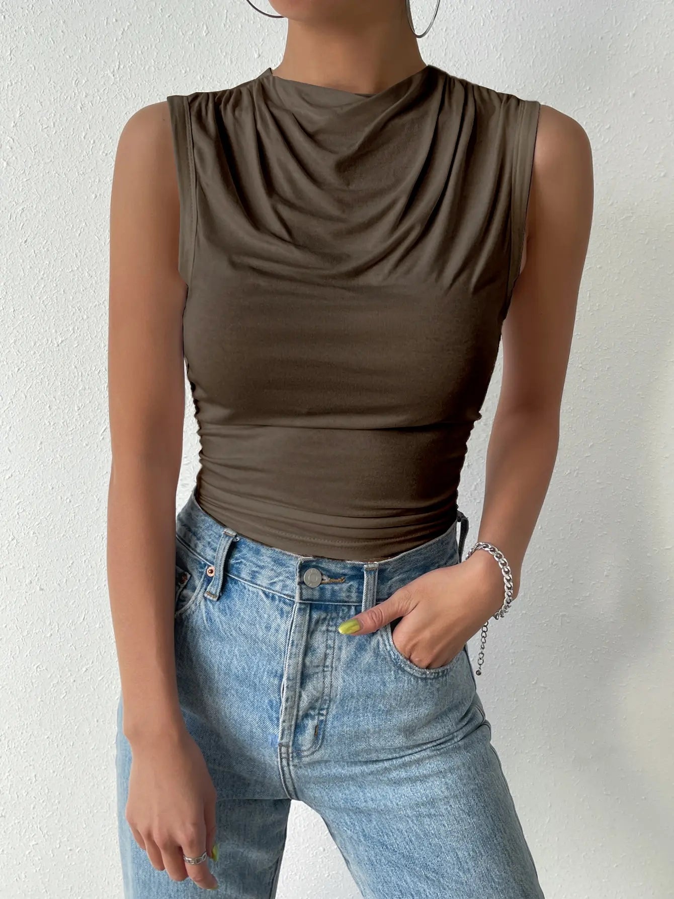Women's Casual Half High Neck Sleeveless T-Shirt Top