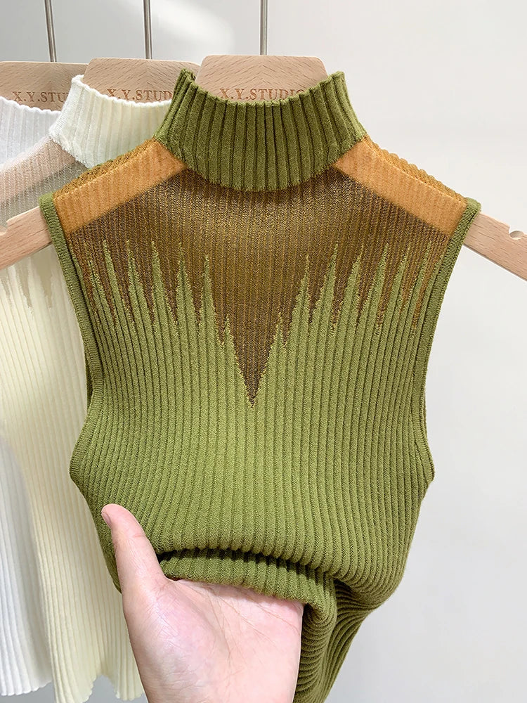 Mesh Strickoberteil Damen Y2K Tank Top Halbkragen Weste Ärmelloser Pullover Chic Cut Out Streetwear Solides Enges Tube Top