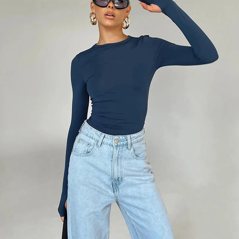 T-shirt Long Sleeve Crew Neck Solid Slim Fit Crop Top