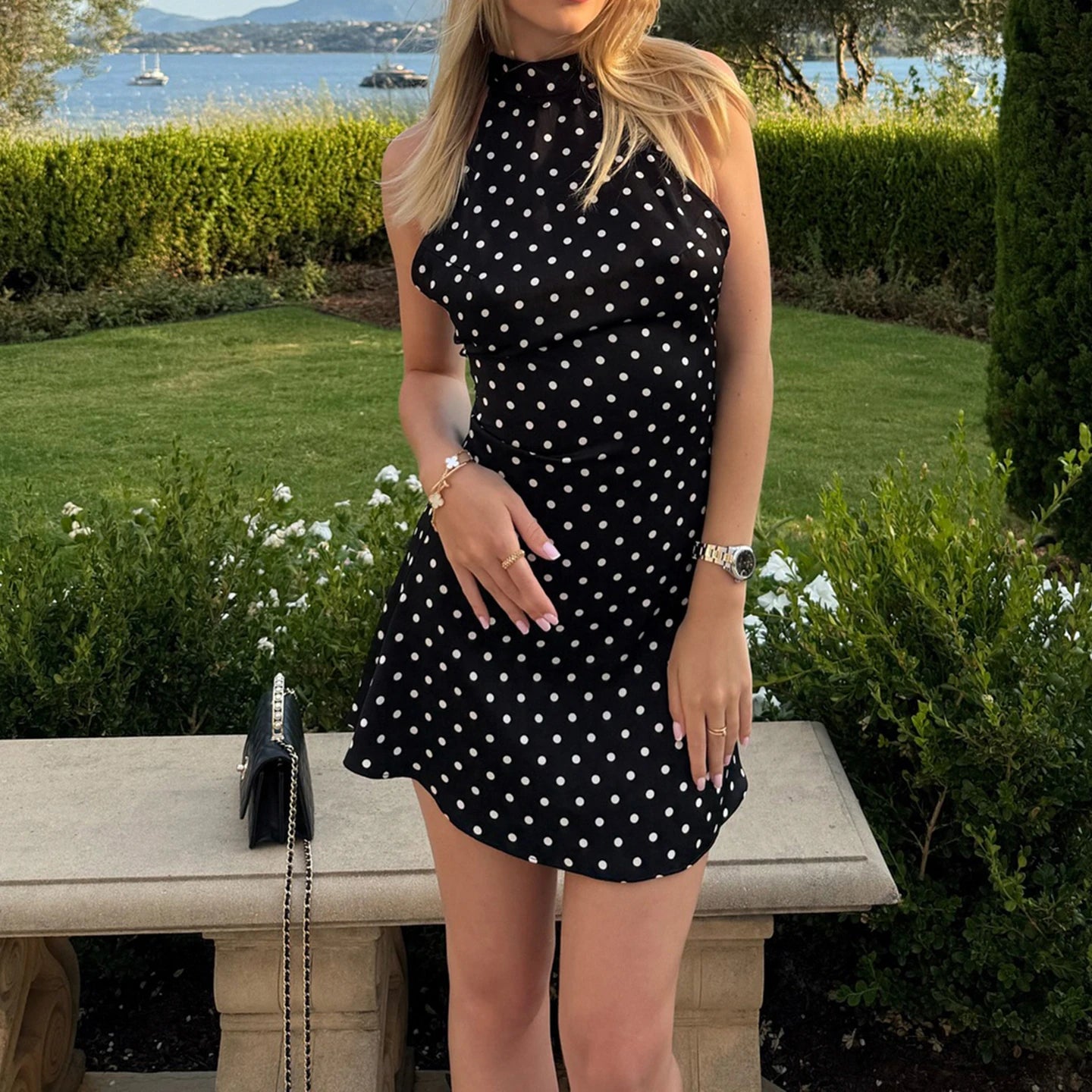 SUCHCUTE Sexy Polka Dot Print Neckholderkleid für Damen Elegant Party Slim Backless Ärmelloses Minikleid Sommer Urlaub Outfits
