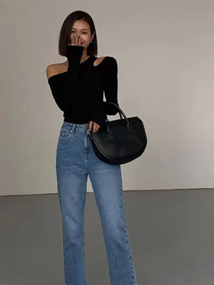 Skew Collar Off-shoulder Long-sleeved T-shirts