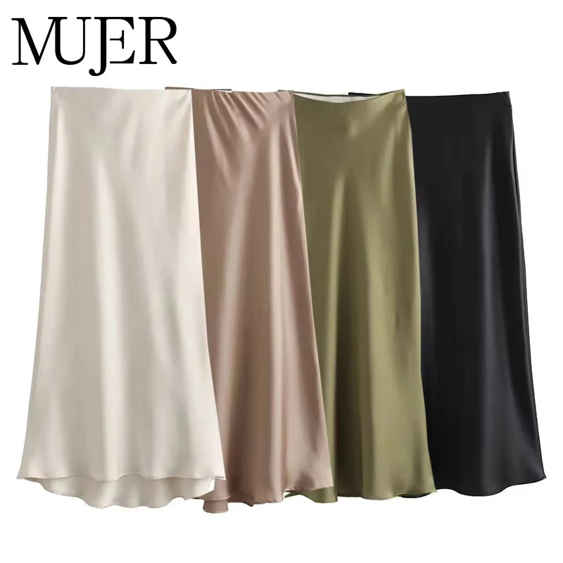 MUJER 2026 Satin Women High Waist Long Skirts