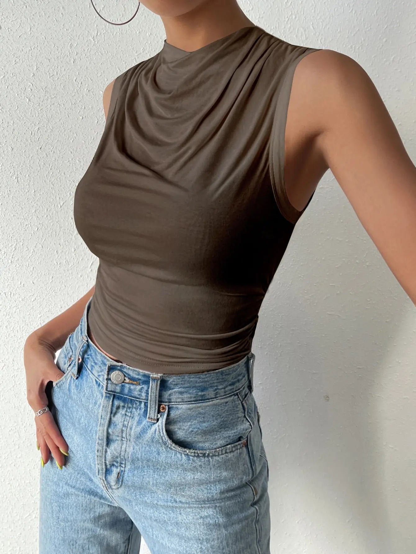 Women's Casual Half High Neck Sleeveless T-Shirt Top