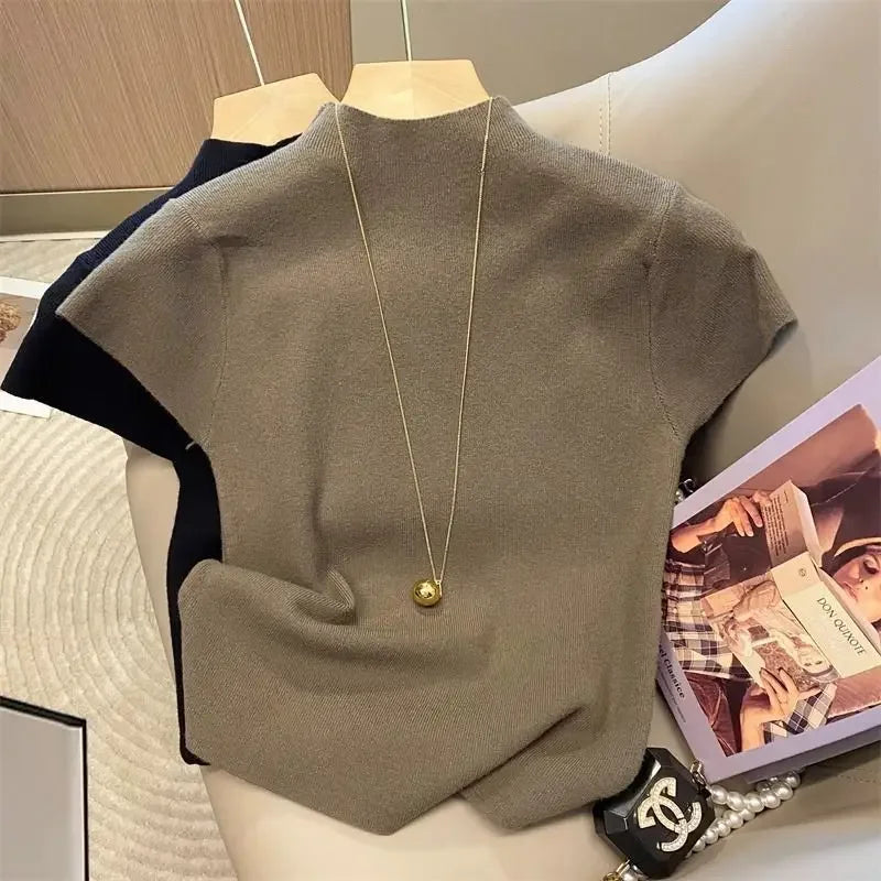 Basic Rollkragenpullover Einfarbig Dünn Sommer 2026 Pullover Damen Female Gestrickter Pullover Slim Kurzarm Bodycon Pullover