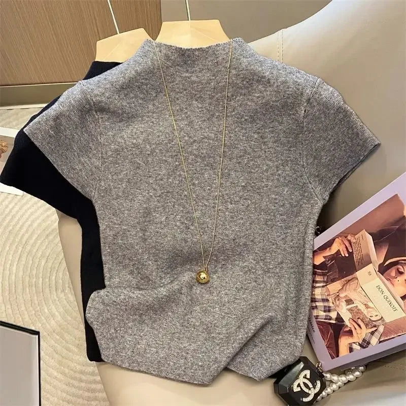 Basic Rollkragenpullover Einfarbig Dünn Sommer 2026 Pullover Damen Female Gestrickter Pullover Slim Kurzarm Bodycon Pullover