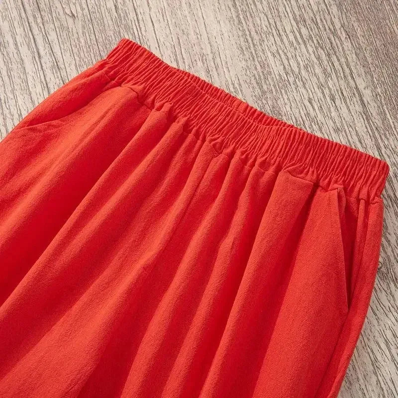 Summer Casual Loose Elastic Waist Cotton Trousers