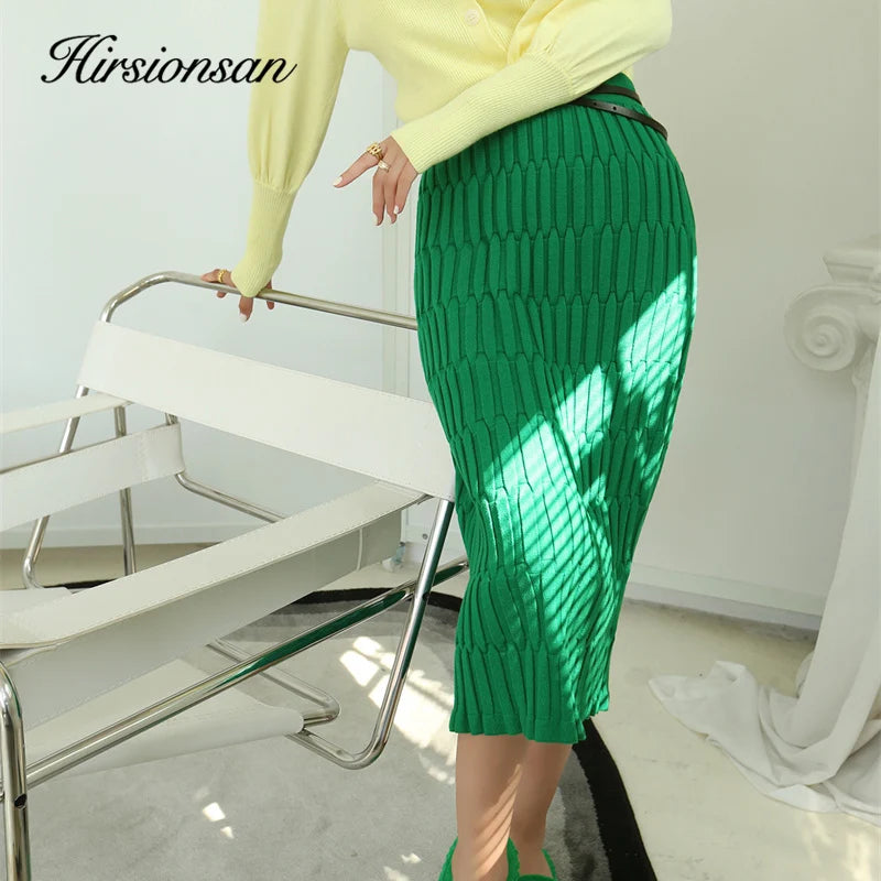 Hirsionsan Solid Elastic Straight Knitted Skirt