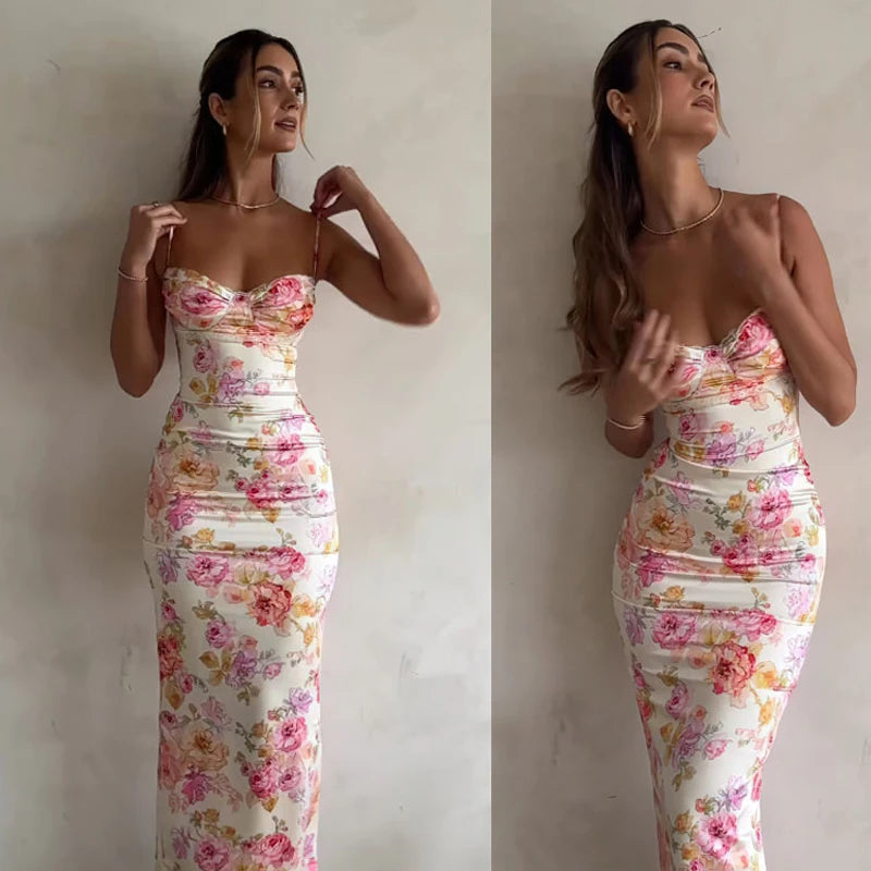New Floral Suspender Split Slim Strap Dress