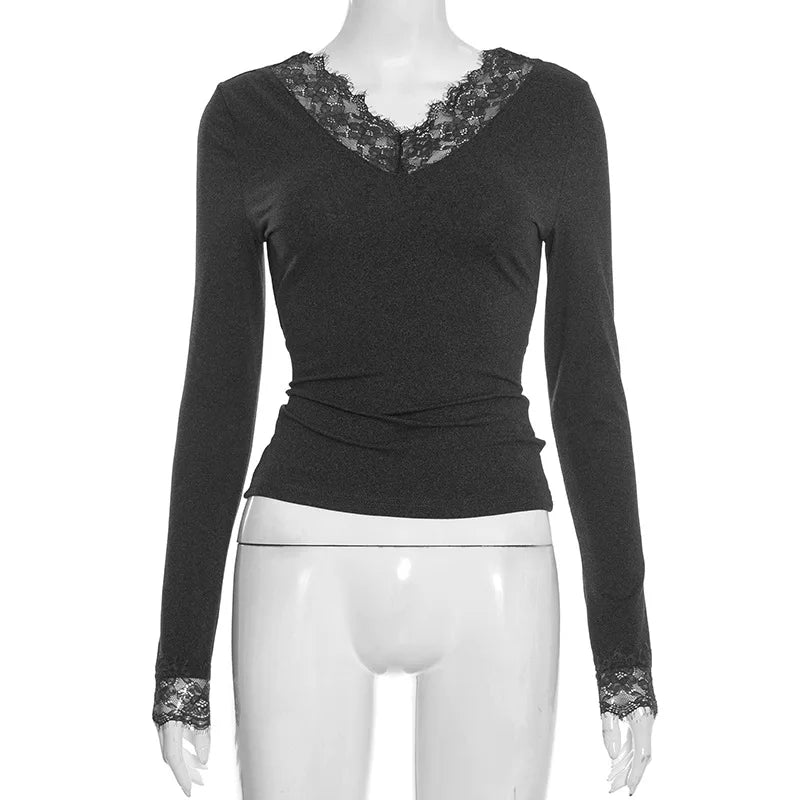 Tornova V neck Lace T shirt Top