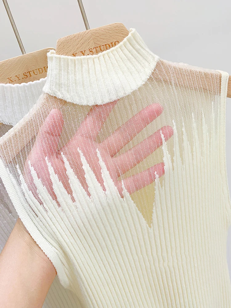 Mesh Strickoberteil Damen Y2K Tank Top Halbkragen Weste Ärmelloser Pullover Chic Cut Out Streetwear Solides Enges Tube Top