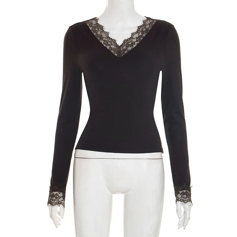 Tornova V neck Lace T shirt Top