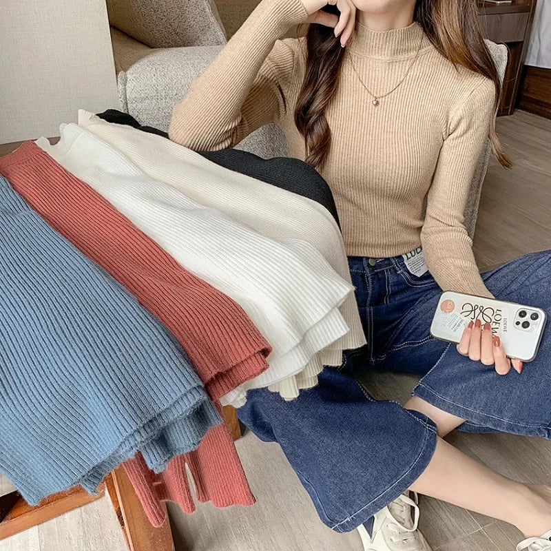 Herbst Winter Rollkragen Damenpullover Vintage Basic Uni Stricktop Casual Slim Pullover Koreanische Pullover Schlichte Schicke Jumper