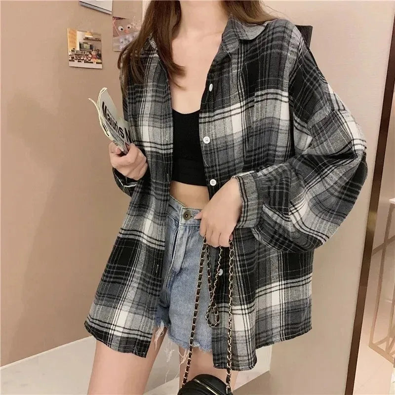 Plaidhemd Damen Mode Herbst Langarm Top Weibliche Vintage Einreiher Bluse Damen Preppy Style Locker Karierte Hemden