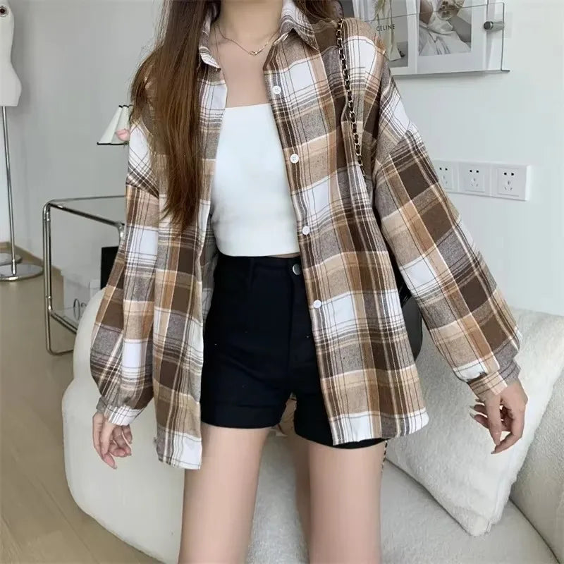 Plaidhemd Damen Mode Herbst Langarm Top Weibliche Vintage Einreiher Bluse Damen Preppy Style Locker Karierte Hemden