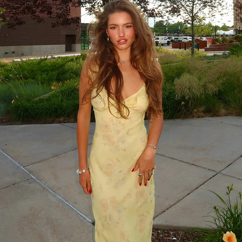 Cryptographic Summer Floral Print Plunge Maxi Dress