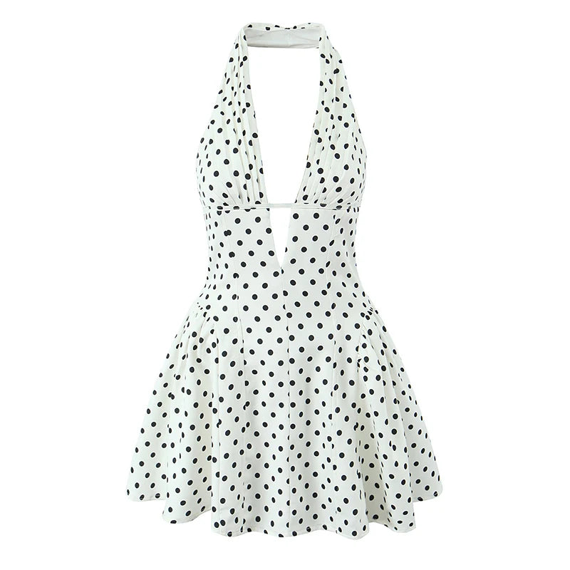 French Style Retro Polka Dot Deep V Halter Dress