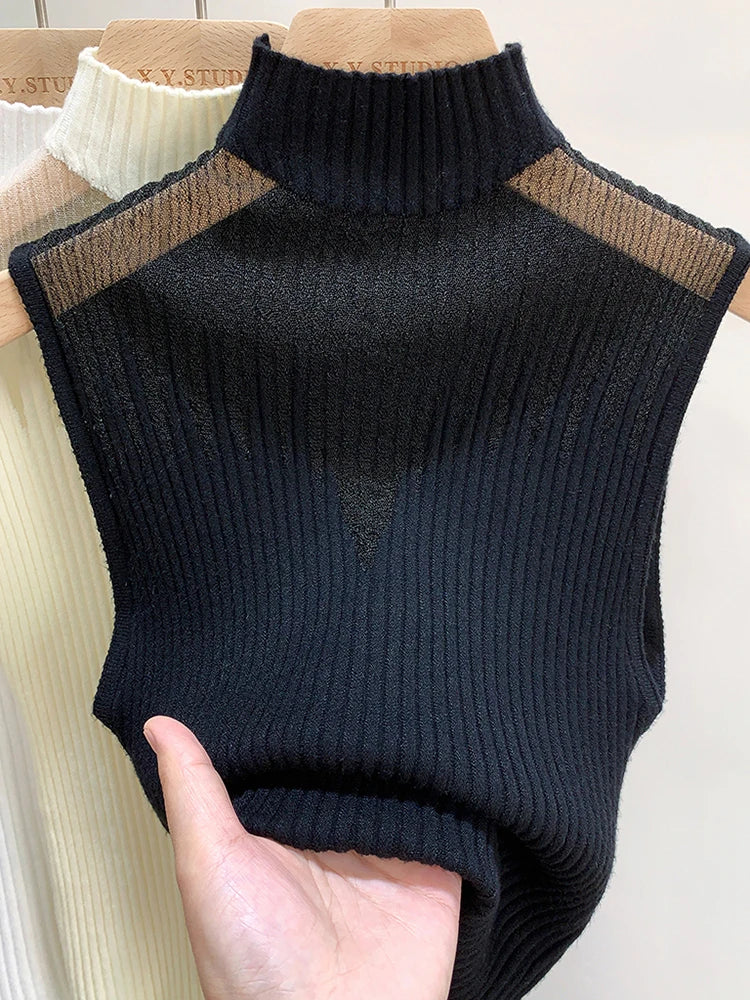 Mesh Strickoberteil Damen Y2K Tank Top Halbkragen Weste Ärmelloser Pullover Chic Cut Out Streetwear Solides Enges Tube Top
